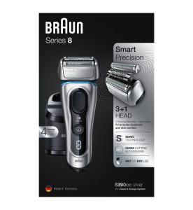  Braun Series 8 8390cc Electric Shaver, Clean&Charge Station, Silver