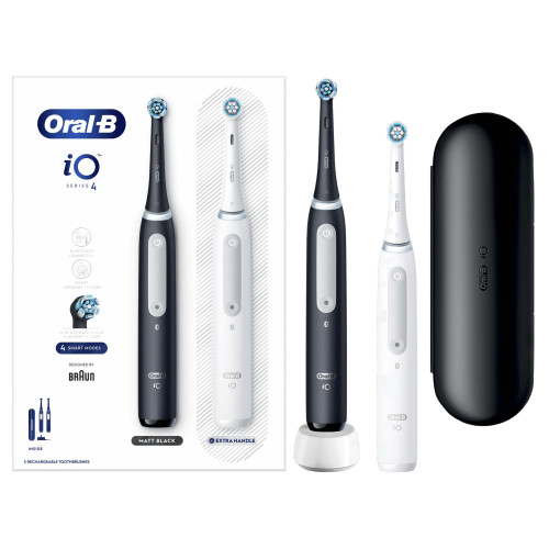 Oral-B iO 4 Dual Pack, Black & White Electric Toothbrushes, 2 Toothbrush Heads, 1 Travel Case