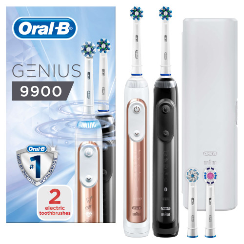 Oral-B Genius 9900 Set of 2 Electric Toothbrushes Rechargeable, 2 Handles, Rose Gold and Black, 4 Toothbrush Heads, Travel Case, 2 Pin UK Plug