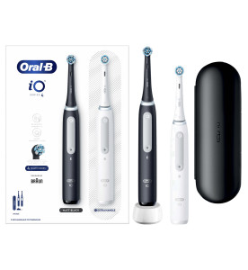Oral-B iO 4 Dual Pack, Black & White Electric Toothbrushes, 2 Toothbrush Heads, 1 Travel Case