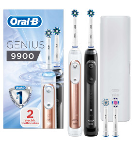 Oral-B Genius 9900 Set of 2 Electric Toothbrushes Rechargeable, 2 Handles, Rose Gold and Black, 4 Toothbrush Heads, Travel Case, 2 Pin UK Plug